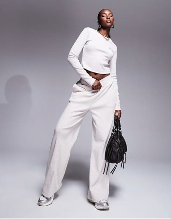 Weekend Collective wide leg joggers and long sve top in oatmeal rib