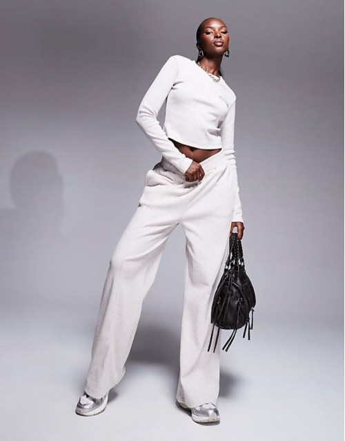 Weekend Collective wide leg joggers and long sve top in oatmeal rib