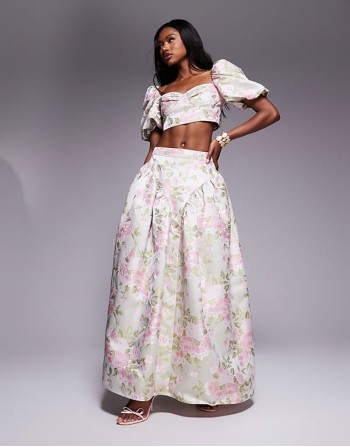 jacquard puff sve top and maxi skirt with bow back co-ord in tulip floral