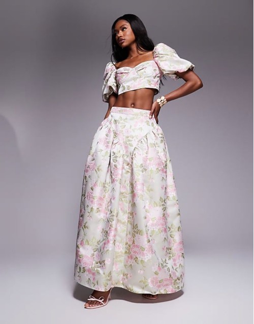 jacquard puff sve top and maxi skirt with bow back co-ord in tulip floral