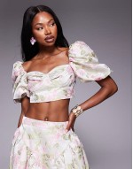 jacquard puff sve top and maxi skirt with bow back co-ord in tulip floral