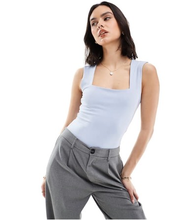 square neck slinky bodysuit in light blue