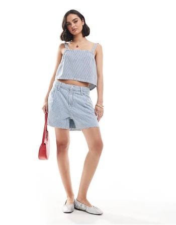Premium pinstripe denim cami top and shorts co-ord set in light blue