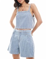 Premium pinstripe denim cami top and shorts co-ord set in light blue