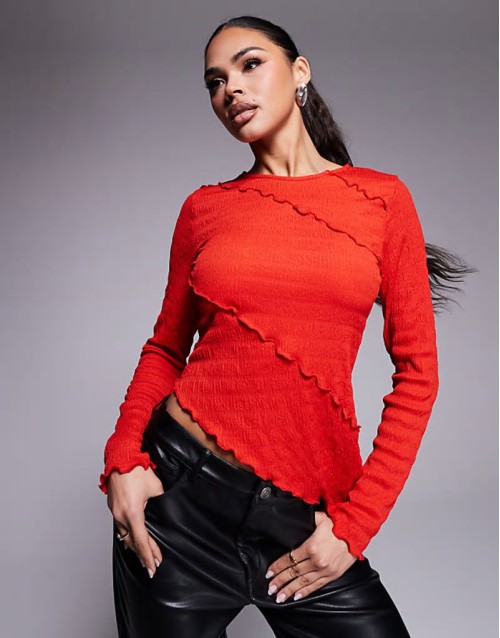 long sve crinkle textured top with asymmetric hem in red