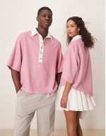 Unisex contrast collar polo shirt in pink gingham