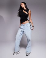 slinky cut out tank top with ruched drawstring waist detail in black