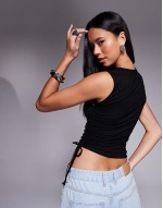 slinky cut out tank top with ruched drawstring waist detail in black