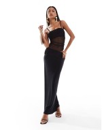 co-ord slinky cami top with mesh overlay and maxi skirt in black