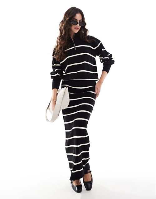 knitted jumper and maxi skirt co-ord in black and cream stripe