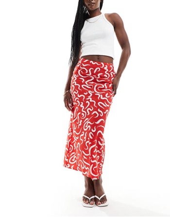 swirl print bias cut midaxi skirt in red