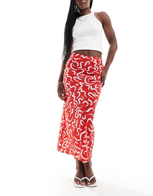 swirl print bias cut midaxi skirt in red