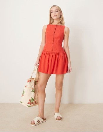 slash neck button down dropped waist mini dress in bright red
