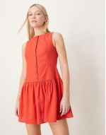 slash neck button down dropped waist mini dress in bright red