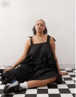Plus satin ruffle smock dress in black