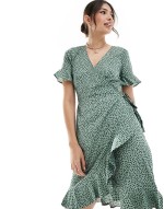 frill wrap mini dress in green spot
