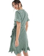 frill wrap mini dress in green spot