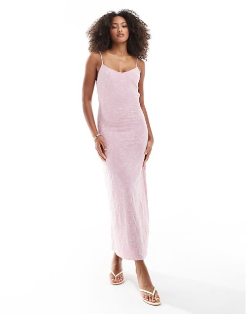 embroidered midi dress in pale pink