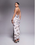 mesh slash neck open back midi dress with sash detail in abstract floral print