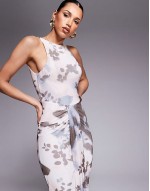 mesh slash neck open back midi dress with sash detail in abstract floral print