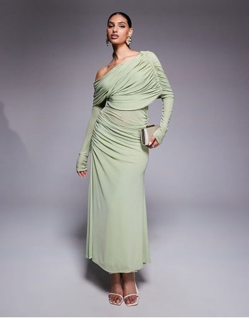 long sve slouchy  mesh mix maxi dress in sage green