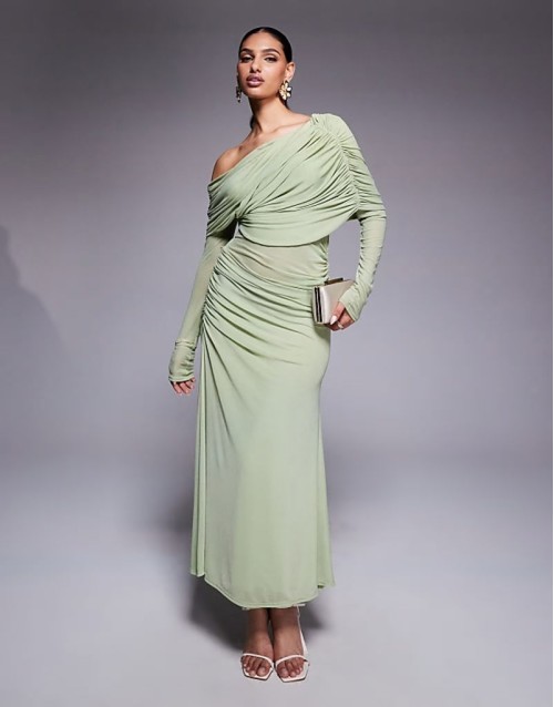 long sve slouchy  mesh mix maxi dress in sage green