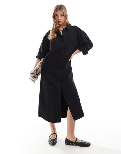 denim maxi shirt dress in washed black