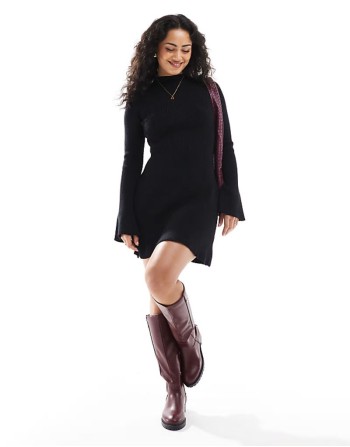knitted ribbed high neck skater flare sve jumper dress in black