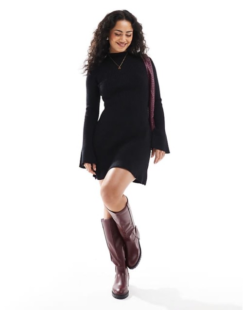 knitted ribbed high neck skater flare sve jumper dress in black