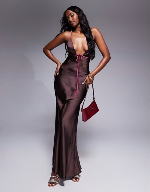bias cut cami maxi dress with contrast tie detail in mocha brown