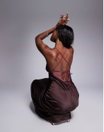 bias cut cami maxi dress with contrast tie detail in mocha brown