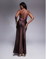 bias cut cami maxi dress with contrast tie detail in mocha brown