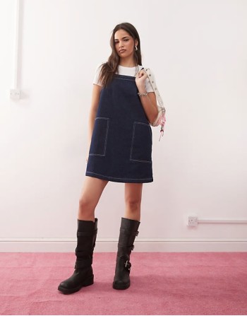 mini denim pinafore dress in indigo wash