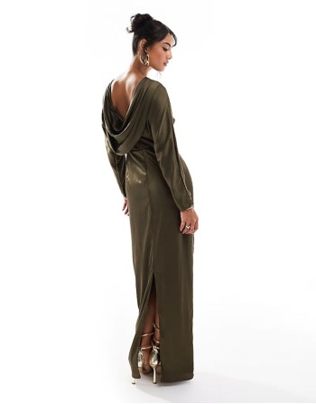 long sve satin cowl back maxi dress in olive