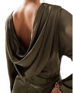 long sve satin cowl back maxi dress in olive