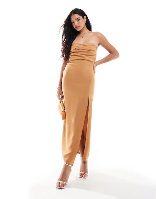 bandeau pleat midi dress with split in brown