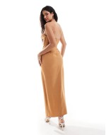 bandeau pleat midi dress with split in brown