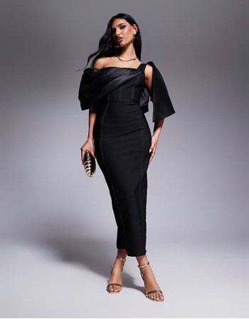 bandage and structured satin mix midi dress in black