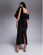 bandage and structured satin mix midi dress in black