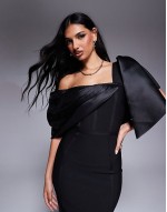 bandage and structured satin mix midi dress in black