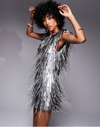 fringe embellished padded shoulder mini dress in silver