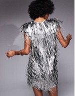 fringe embellished padded shoulder mini dress in silver