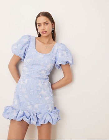 jacquard bubble hem mini dress in baby blue floral