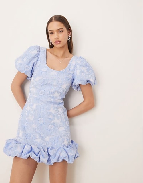 jacquard bubble hem mini dress in baby blue floral