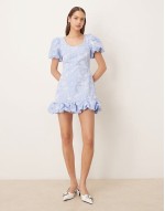 jacquard bubble hem mini dress in baby blue floral