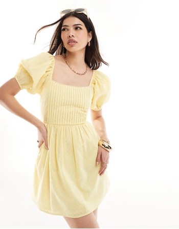cotton dobby mini dress with lace up back in yellow