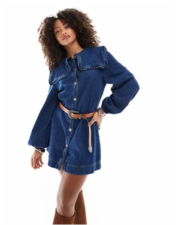 oversized collar long sve denim dress