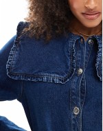 oversized collar long sve denim dress