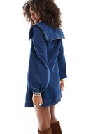oversized collar long sve denim dress