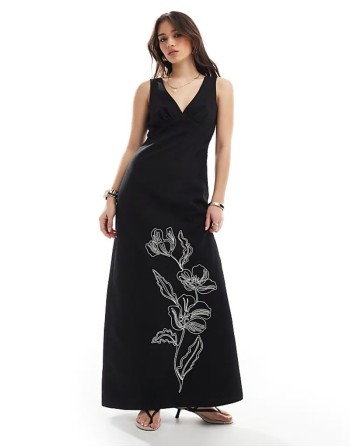 linen look v neck floral embroidered maxi dress in black